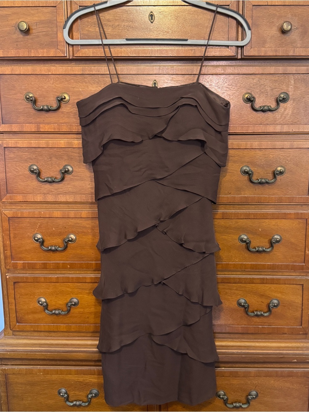 Jovani 100% Silk Chocolate Brown Tiered Ruffle Cocktail Party Dress Size 6
